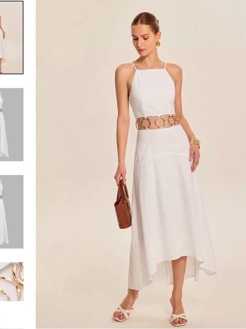 Commense White Halter Midi Dress with Decorative Waist Detail